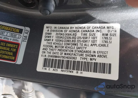 2014 Honda Cr-V Ex-L from USA, damaged, VIN 2HKRM4H79EH650363